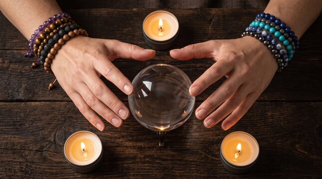 Hands hovering over crystal ball with lit candles and beaded bracelets on wooden table, mystical divination concept