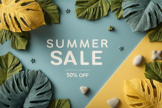Vibrant tropical leaves frame a bold summer sale message