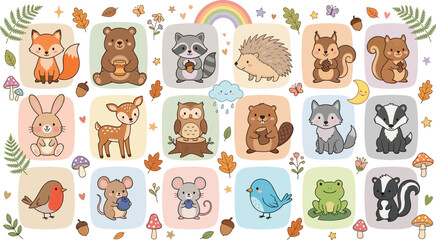 Obraz premium Adorable Pastel Nursery Woodland Animals Set with Fox Bear Raccoon Hedgehog Squirrel Bunny Deer Owl Beaver Wolf Badger Bird Frog and Skunk