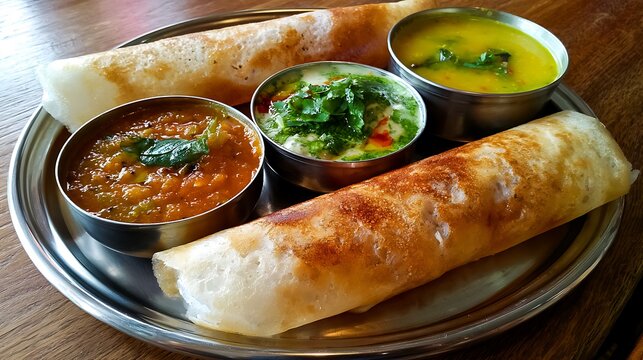 Freshly baked bread with dipping sauces and herbs on a wooden board