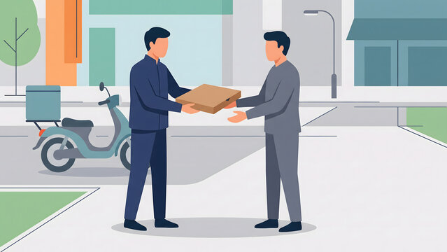 Courier delivering a flat package box to a customer with a delivery scooter on a city street vector illustration