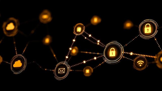 abstract cloud social media innovative cyber security network, using interconnected nodes to represent business partnerships on the Smart digital Innovation city with connection network reciprocity ov