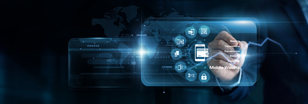 Financial manager using touch pen on a Mobile Wallets virtual screen to map out user payments. This highly secure digital interface ensures strict control over global enterprise networks.
