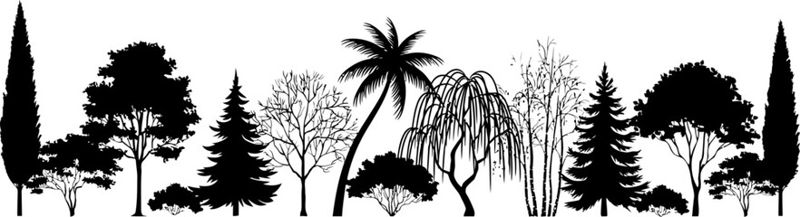 Silhouetted tree collection diverse forest landscape elements for design © RIMON
