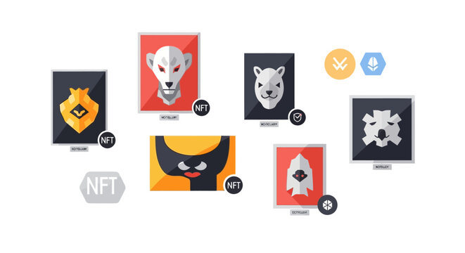 NFT Digital Art Collection with Stylized Animal Avatars and Crypto Marketplace Elements on White Background