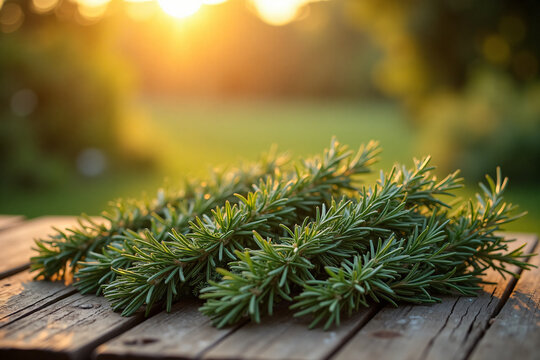 Fresh rosemary herb bundles placed on rustic wooden table with golden sunset light in natural outdoor garden environment