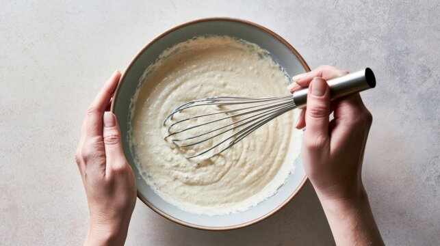 Hands whisking smooth pancake batter in a ceramic bowl, preparing homemade breakfast with a simple baking recipe