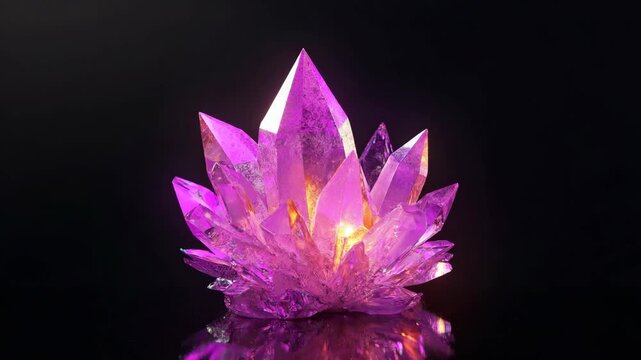 A stunning cluster of purple crystals illuminated from within, radiating vivid color and light against a dark, reflective surface. Ideal for nature, spirituality, or gemstone concepts. game inventory