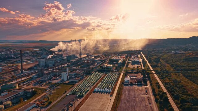 Aerial view of a large industrial factory complex at sunset.. Smoke rises from chimneys over manufacturing buildings and storage lots under a cloudy orange sky.