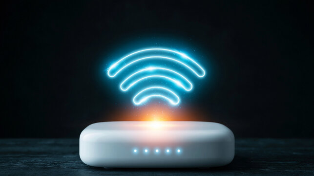Minimalist white wireless modem with bright blue neon wifi symbol floating above on black background.