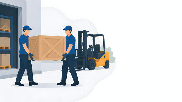 Two warehouse workers carrying a heavy wooden crate with a yellow forklift in the background vector illustration