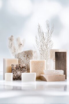 Natural soap and spa composition with coral and textured blocks for wellness product display and sustainable packaging background