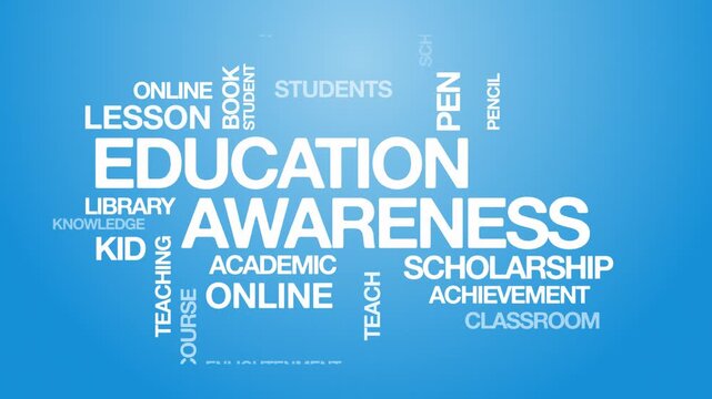 Education awareness concept Animated Tag Word Cloud kinetic typography, Text Design Animation typography seamless loop video motion graphics Intro Wordart arrangement blue background bg backdrop campa