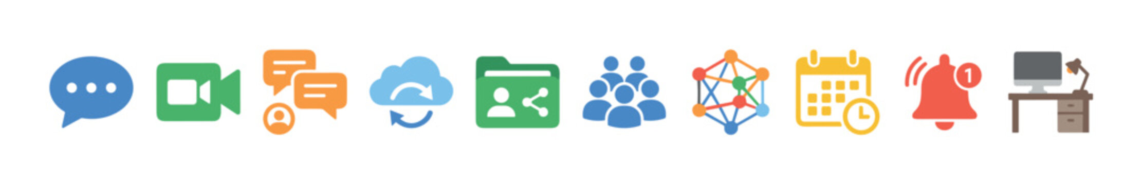 Digital communication and collaboration icons illustrating various online tools for teamwork, scheduling, and virtual office environments.