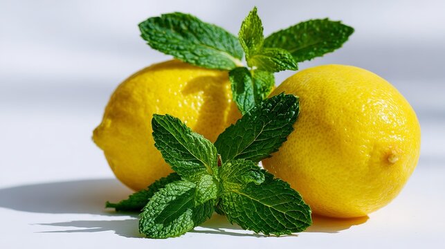 Fresh lemon and mint leaves on clean white background. Bright yellow fruit cut in half, revealing juicy interior
