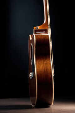 Acoustic guitar profile close up with polished wood and glossy finish for music poster and instrument product design background