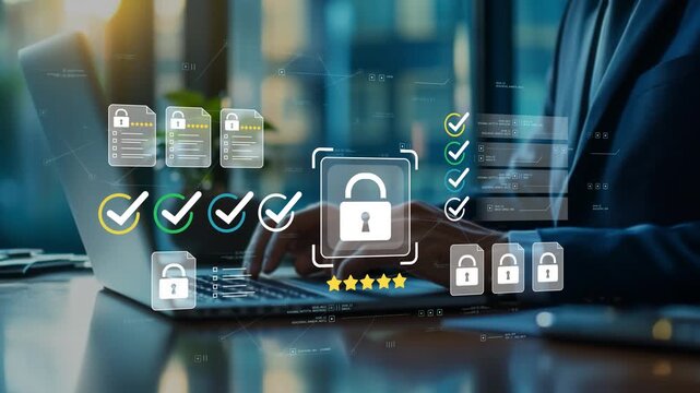 Secure enterprise document management with animated lock icon, cybersecurity analytics, compliance verification and digital business security technology managed by businessman in modern office
