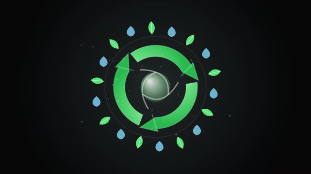 Eco friendly recycling symbol with water drops and green leaves in a circular pattern on dark background
