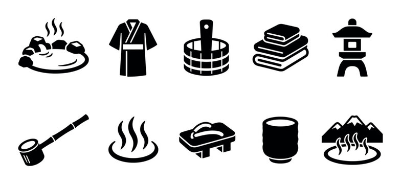 Japanese onsen traditional culture icons collection showcasing various elements like hot springs, yukata, wooden buckets, and stone lanterns.