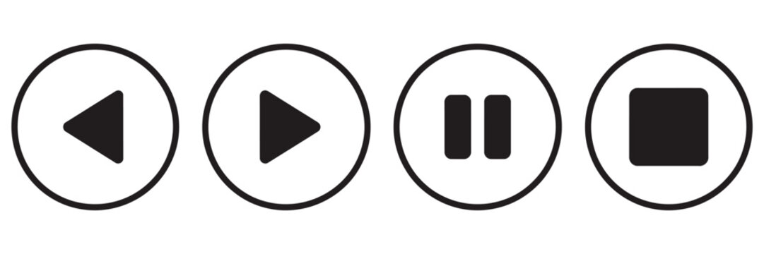 Media control icon set featuring previous replay play pause stop and next buttons in outline and solid styles, vector design.