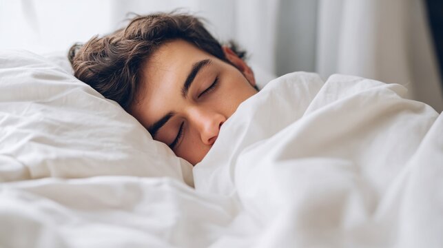 Serene individual resting beneath a soft white blanket with their face partially concealed enjoying tranquil moments