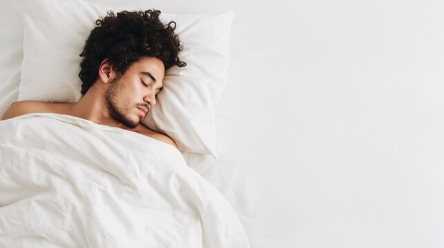 Birds eye perspective of a man resting diagonally on a white bed showcasing a serene and tranquil moment of sleep