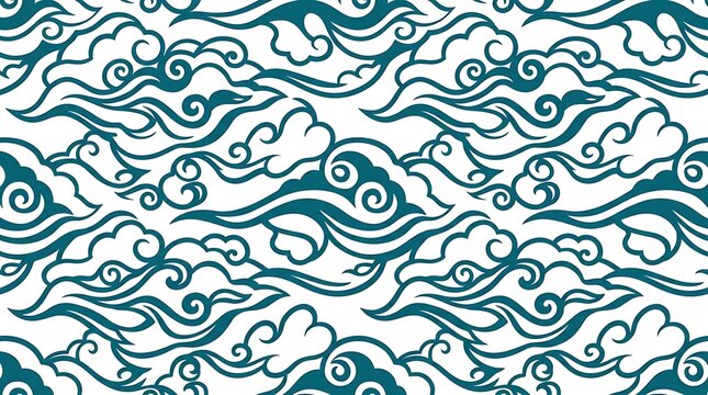 Traditional seamless pattern with teal cloud motifs on white