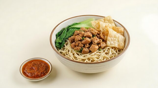 Bowl of Asian chicken noodles with wontons and sambal.