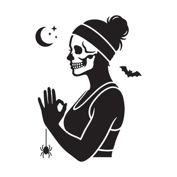 Textless Haunted Yoga Instructor Silhouette, Thick Black Halloween Woman Fitness Vector Clipart Assets