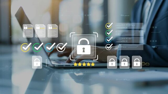 Businessman using laptop with animated security lock icon, enterprise cybersecurity dashboard, compliance management, secure document workflow and digital identity protection