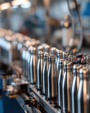 Stainless steel water bottles on automated assembly line for industrial product catalog and ecommerce advertising