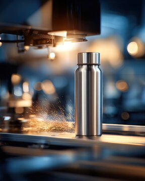 Stainless steel water bottle on automated manufacturing line with sparks and polishing machine for product design packaging and industrial background