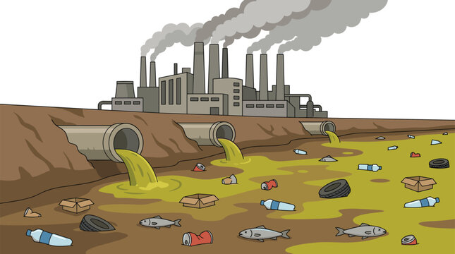 Industrial pollution from factory pipes polluting river with waste and dead fish.