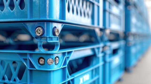 Blue plastic crate close up detail with fasteners and stackable design for logistics packaging and industrial storage background