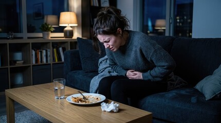 Fototapeta premium Depressed woman sitting alone on couch at night suffering from severe headache and stress