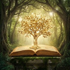 Magical golden tree growing from an open book in an enchanted forest for fantasy and education © Damel