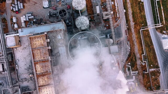 Top down aerial view of smoke emitting from a factory building.. White smoke billows from a circular rooftop vent over pipes and structures at an industrial site.