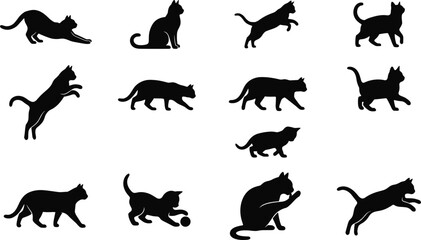 Fototapeta premium Set of black silhouettes featuring various playful cat poses and feline behaviors for creative designs