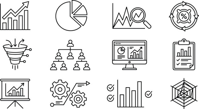 Business data analytics financial growth and strategic planning line icon set with marketing performance metrics