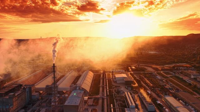 Tall factory chimney emitting smoke into a bright sunset.. Industrial smoke rises from a metallic structure against a bright orange sun and cloudy sky.