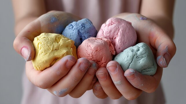 Child holds colorful clay balls gently.