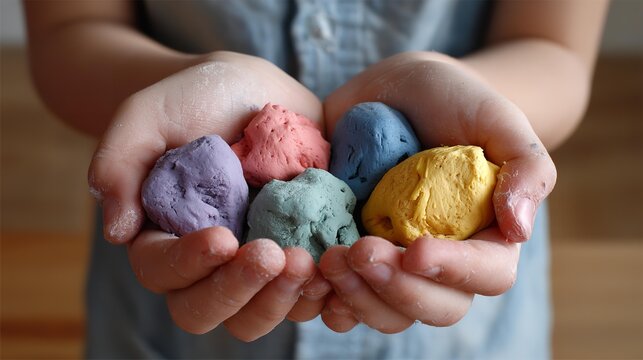 Child holds colorful clay balls gently.