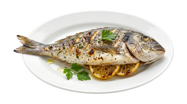 Grilled sea bream whole fish on plate with lemon slices and parsley isolated on transparent background png.