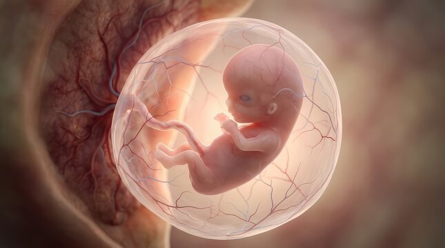 Detailed 3D rendering of human fetus developing safely inside placenta womb bag