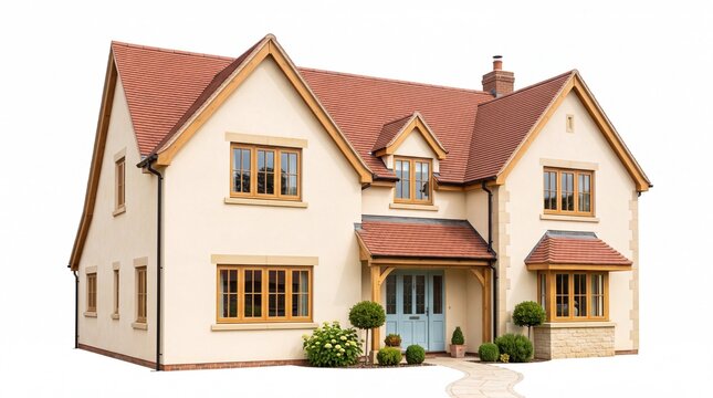 Modern two story family house with brown roof and wood trim
