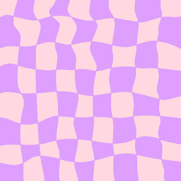 Abstract wavy checkered pattern with purple and white distorted grid background