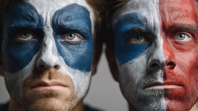 Two men face the camera, painted in bold national colors