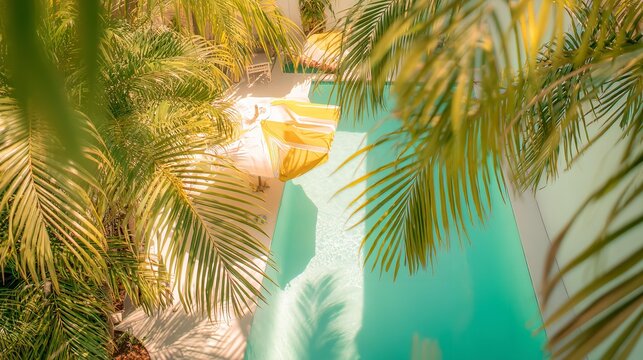 POV looking down through tall tropical palm trees onto the swimming pool