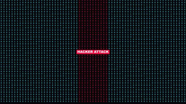 Terminal code grid with red hacker attack warning bar scrolling vertically on black background for cybersecurity alert.