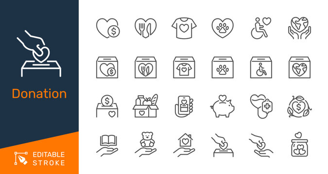 Donation thin line icon collection for charity support, volunteer foundation and humanitarian help concept. Editable stroke. Pixel perfect.